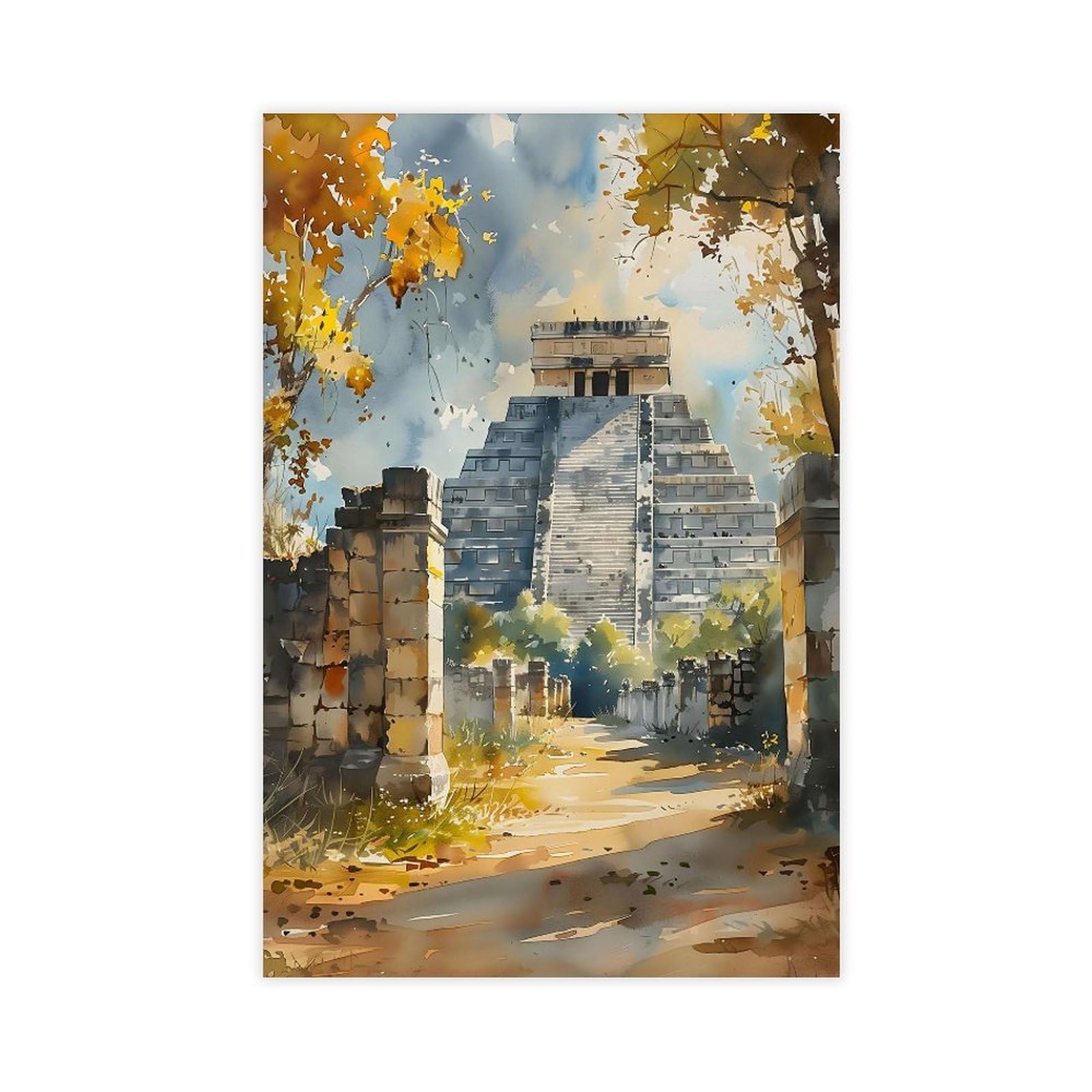 Bareronor Chichén Itzá Watercolor Canvas Poster Bedroom Decor Landscape Office Room Decor Gift 8" L X 12" W