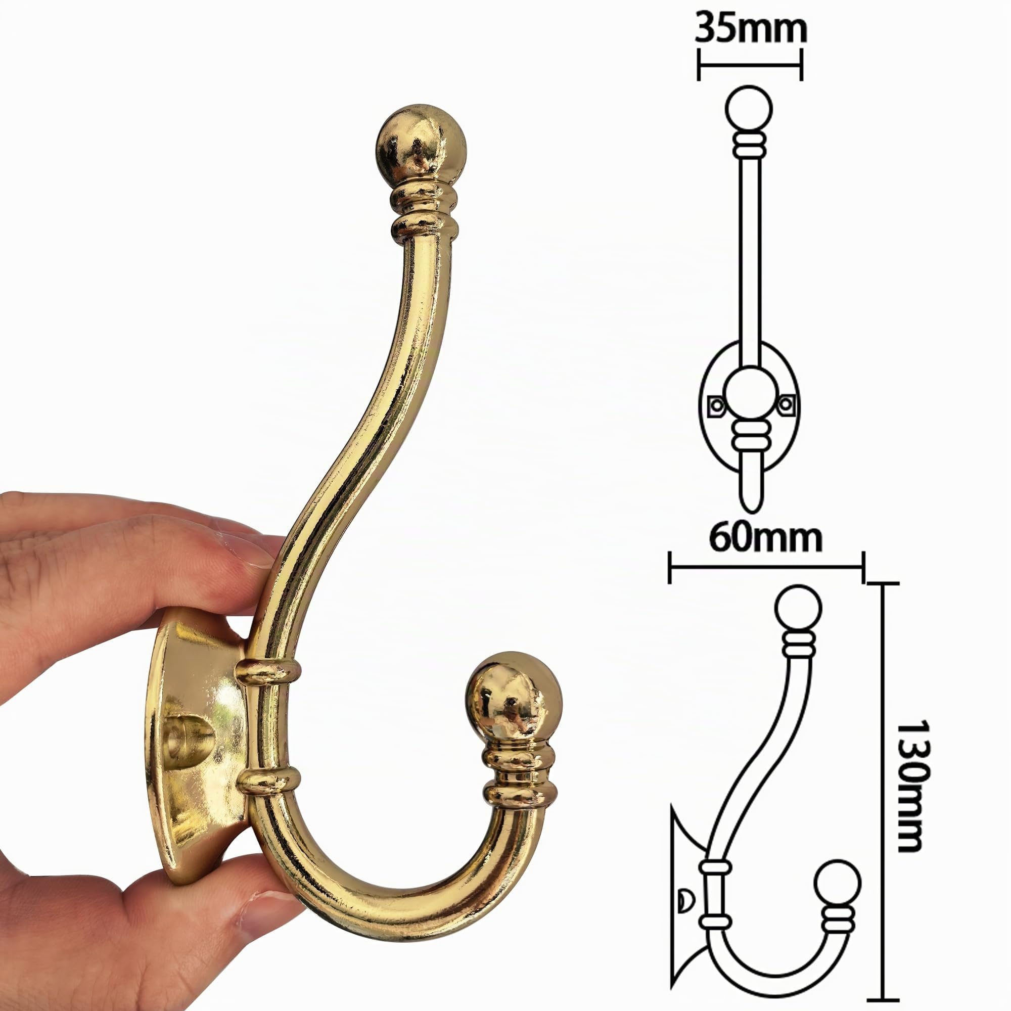 HASWARE Lot de 6 crochets à double griffes, grands cintres avec 12 vis à fixation murale, robustes pour manteaux, vêtements, serviettes, clés (Bright Brass)