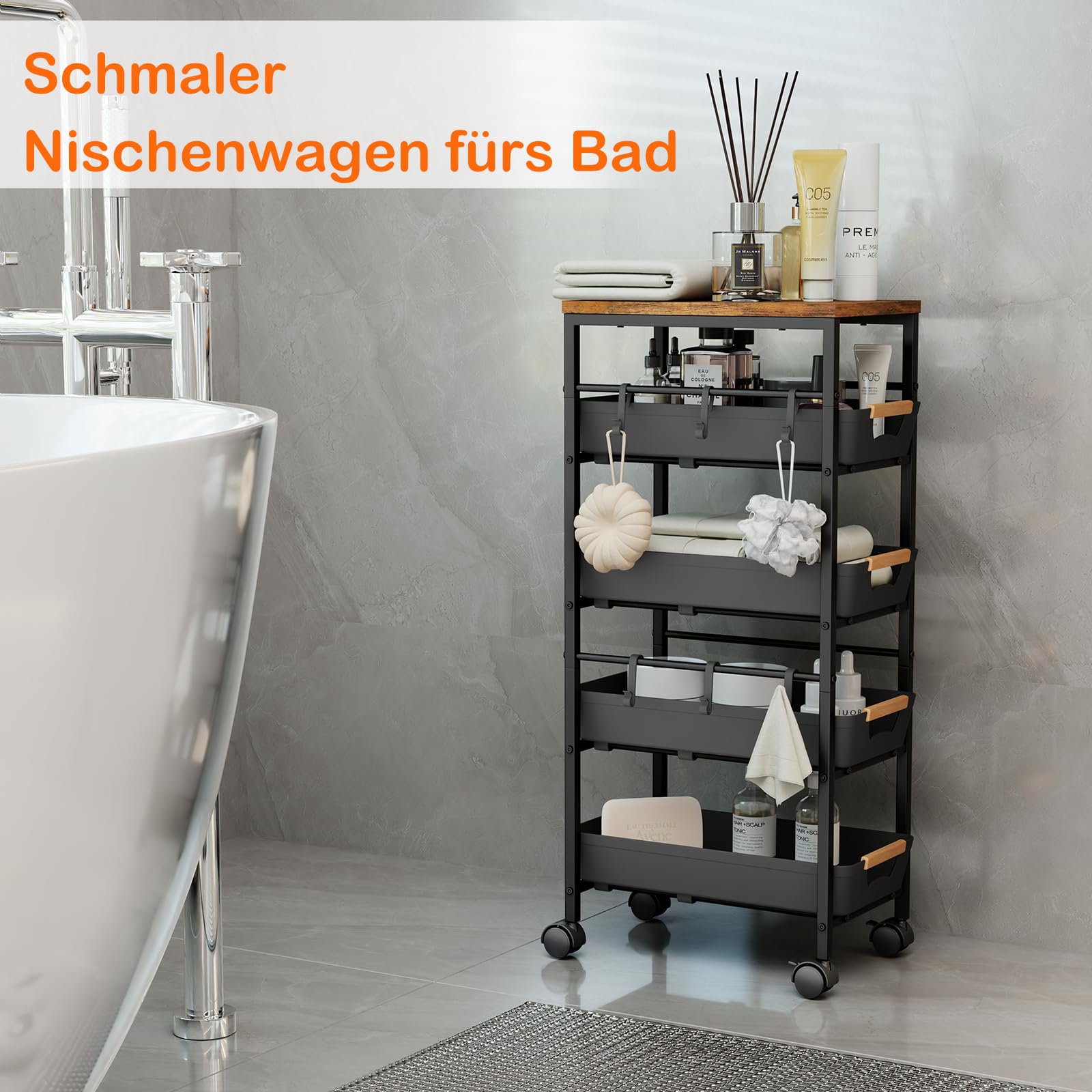 5-étagiger Schmaler Aufbewahrungswagen mit Holzplatte, Rollender Küchenwagen mit Ausziehkörben & Rädern, Schmaler Organizer Schubladenwagen mit Auszug für Küche, Bad, Waschküche, Schwarz