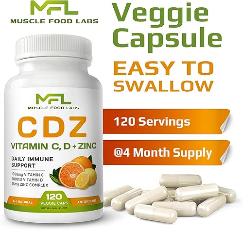 Miniatura 7 de MFL C D Z  Vitamina C, 1000 mg  Vitamina D3,  Zinc,  Sin OMG y sin gluten  Cápsulas vegetarianas  120 porciones  Apto para veganos