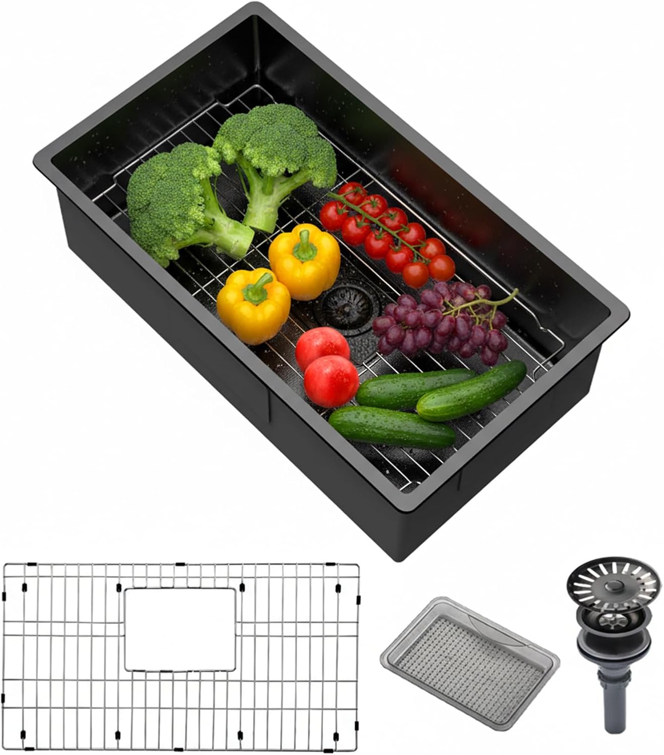 Rectangle Kitchen Sinks Countertop or Embedded or Undermount Drop In Single Bowl Stainless Steel with Sink Protector Grid Black 30" x 19" x 10"