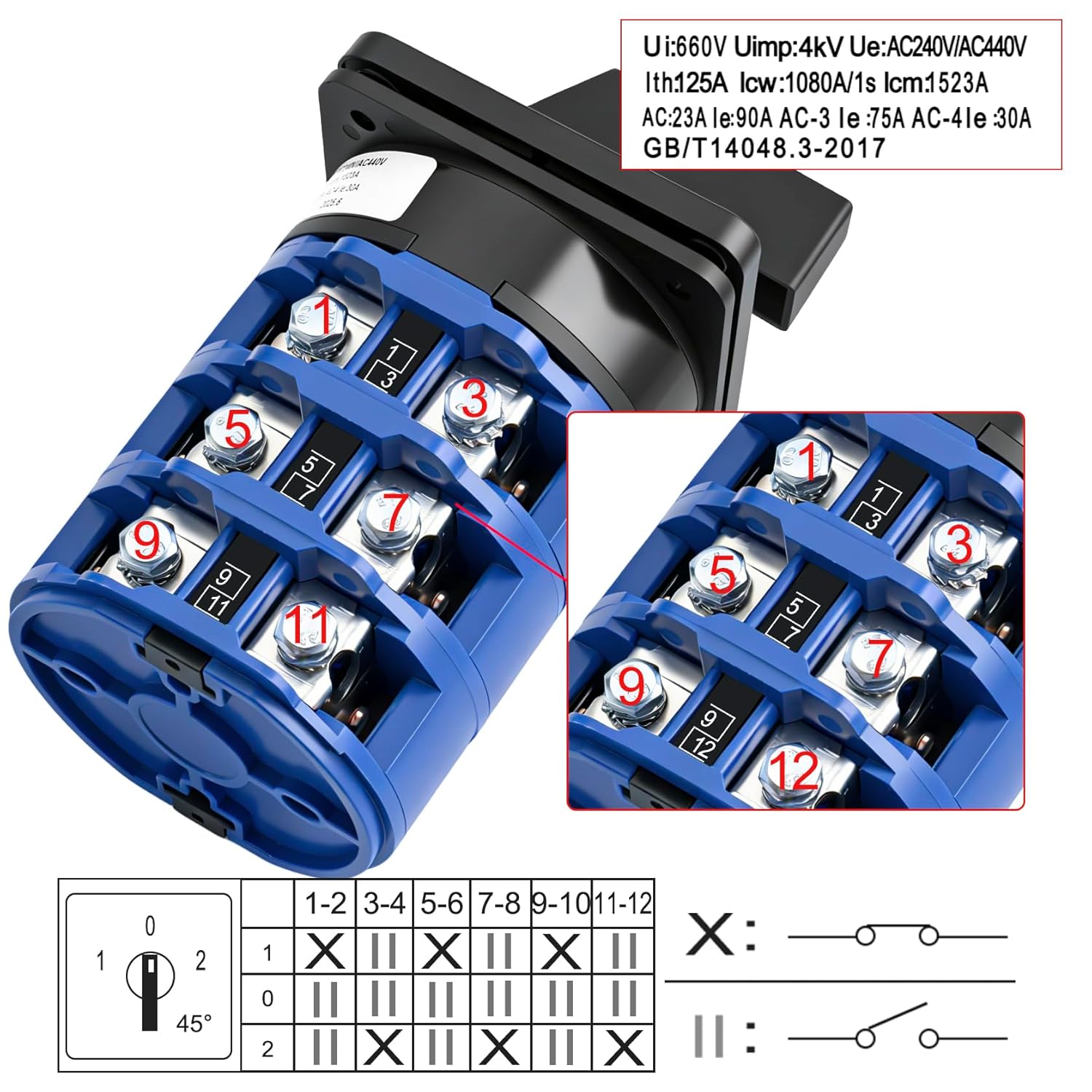 Heschen Universal Rotary Cam Selector Changeover Switch, LW28-125/D303.3, 125A 660VAC, Lacthing Type, ON/Off/ON, 3 Position 3 Phase 12 Terminals