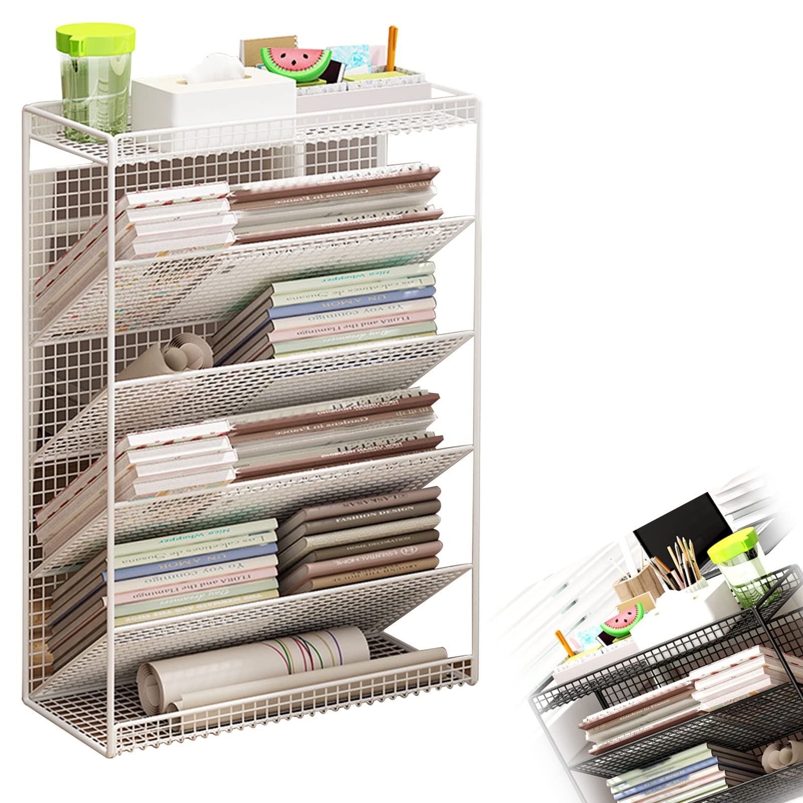 Scaffale portaoggetti laterale da scrivania, carrello con ruote, ampio tavolo con laminati inclinati, facile accesso ai libri, per camera da letto, soggiorno, aula