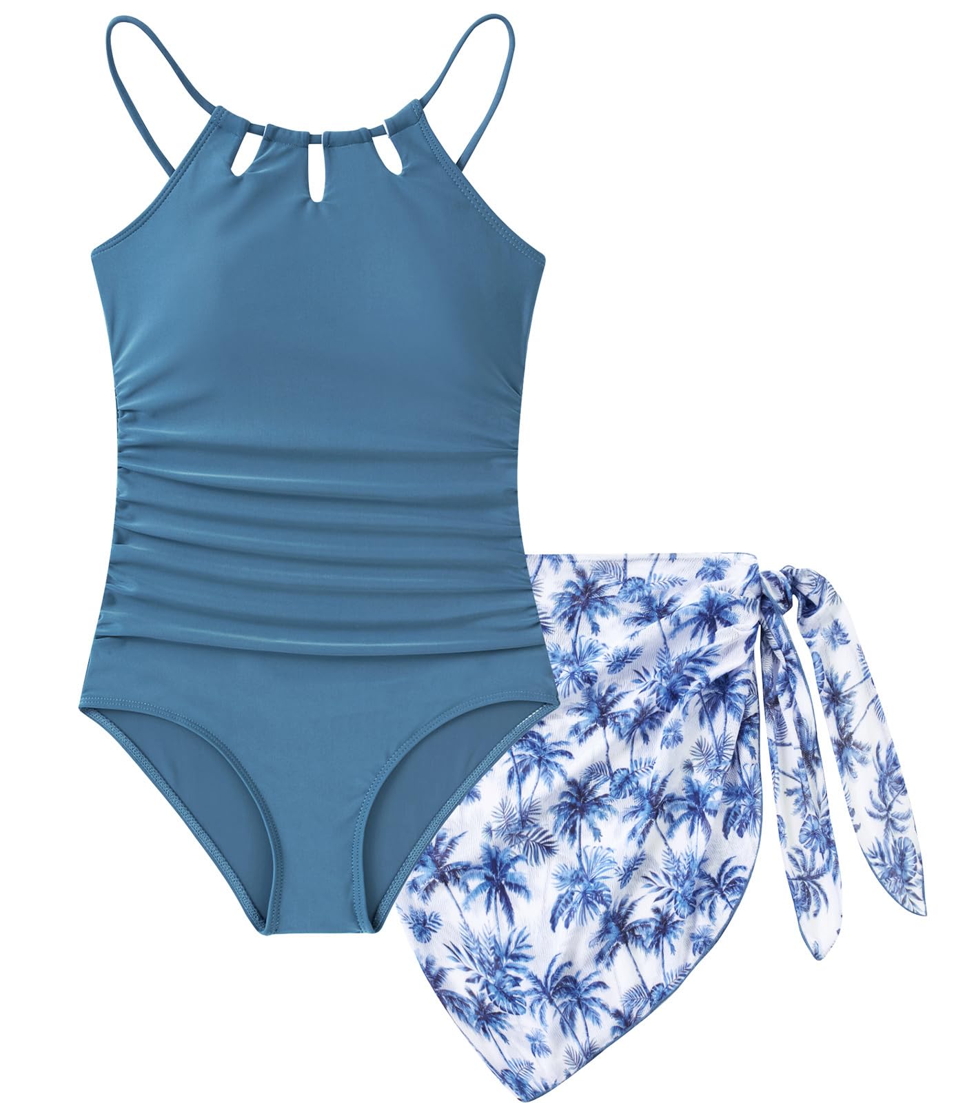 Girls One-Piece Swimsuit Bathing Suit with Cover Ups Size 7-16 | Adjustable spaghetti straps,Cut-out design, Removable chest pads, Swimwear for the beach, swimming pool, Hawaiian vacation