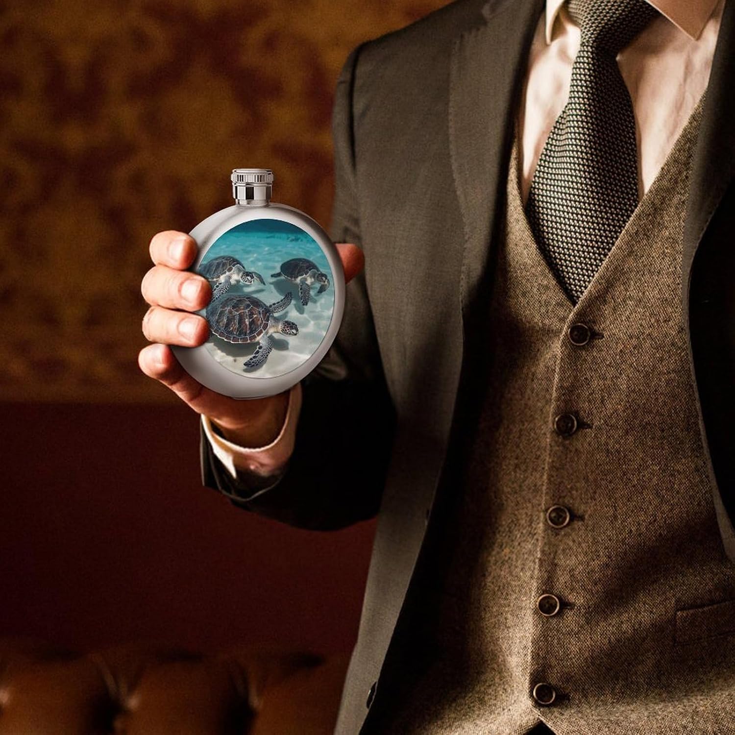 Sea Turtles Hip Flask 5 Oz Round Stainless Steel Mirror Polished Wine Pot Portable Pocket Wine Whiskey Flask Small Drinking Flasks Drinkware for Men Women