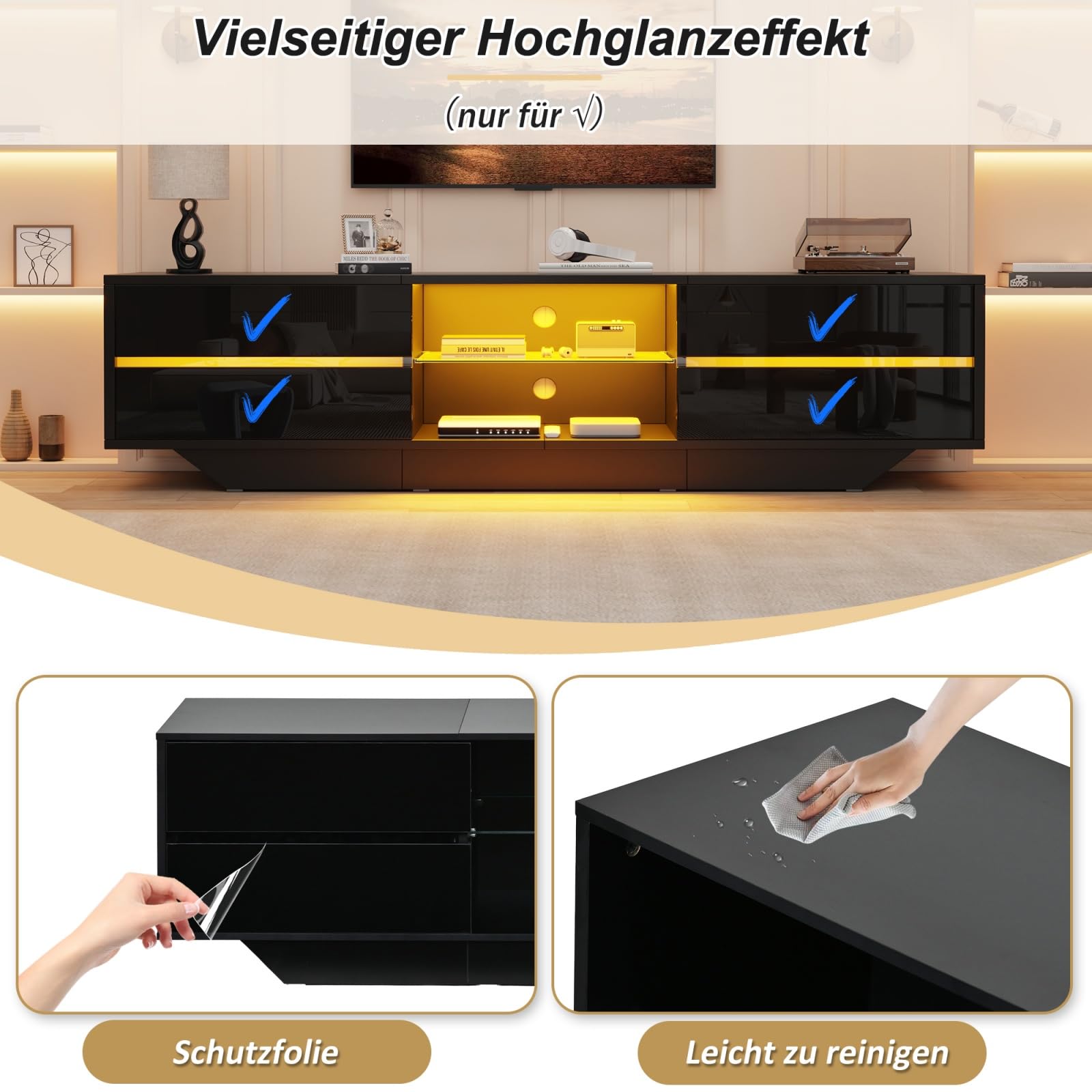 Sweiko Meuble TV au Sol 160 × 35 × 44,5 cm avec 2 Portes,Finition Brillante et éclairage LED,adapté à Un téléviseur de 65 Pouces