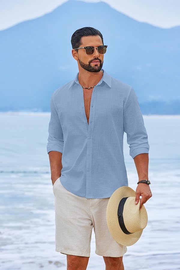 COOFANDY Mens Beach Shirt Long Sleeve Button Down Cotton Shirt Summer Casual Shirt for Men with Collar Light Blue by COOFANDY - Used condition - Image 3