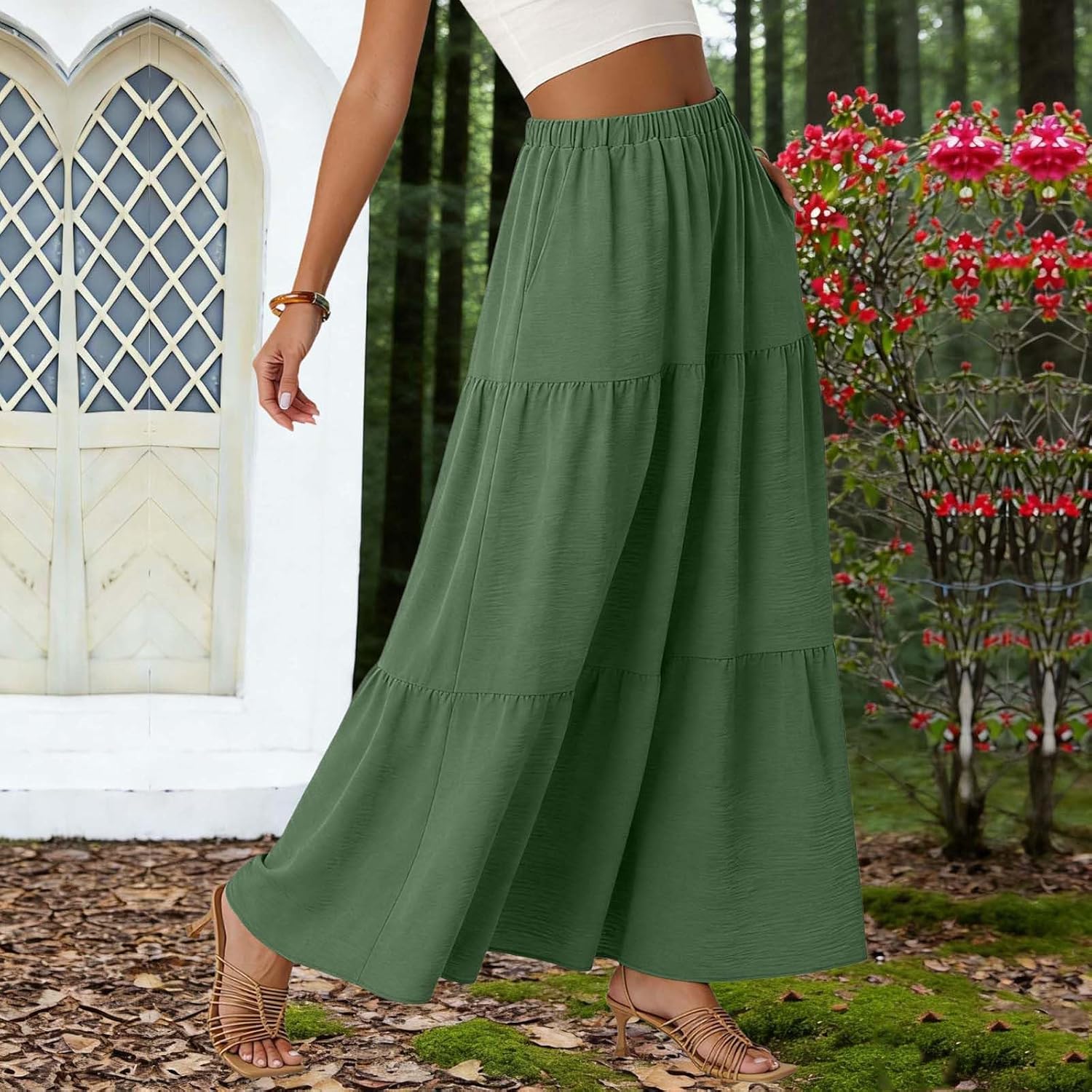 Skirts for Women Boho Tiered Flared Maxi Skirts Vacation Long High Waisted Skirt Casual Summer Beach Party Skirt