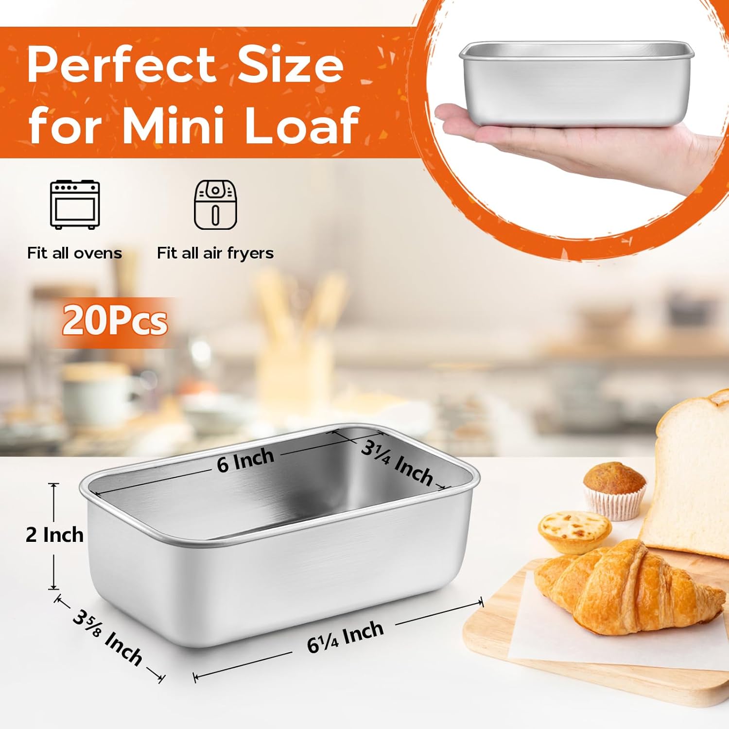 Onader Mini Loaf Pans 6¼ x 3⅝ Inch, 20 Pack Stainless Steel Bread Baking Pan Set, Metal Small Bakeware for Meatloaf Banana Bread Sourdough Sandwich, Dishwasher Safe