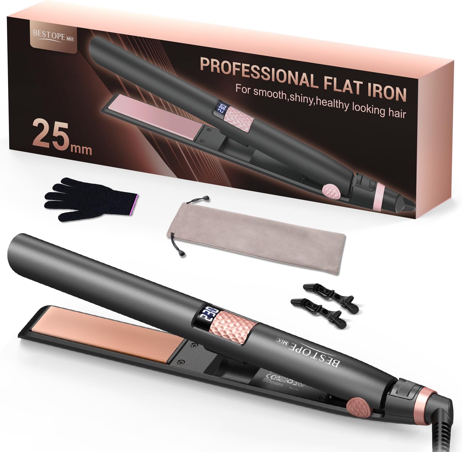 BESTOPE MIX Piastra per capelli 2 in 1 - Piastra Capelli Rivestimento Ceramico, Display LCD, Piastra per capelli Riscaldamento ultra rapido Piastre per capelli spessi e lunghi, 80-230°C 25MM Nero - Immagine 1