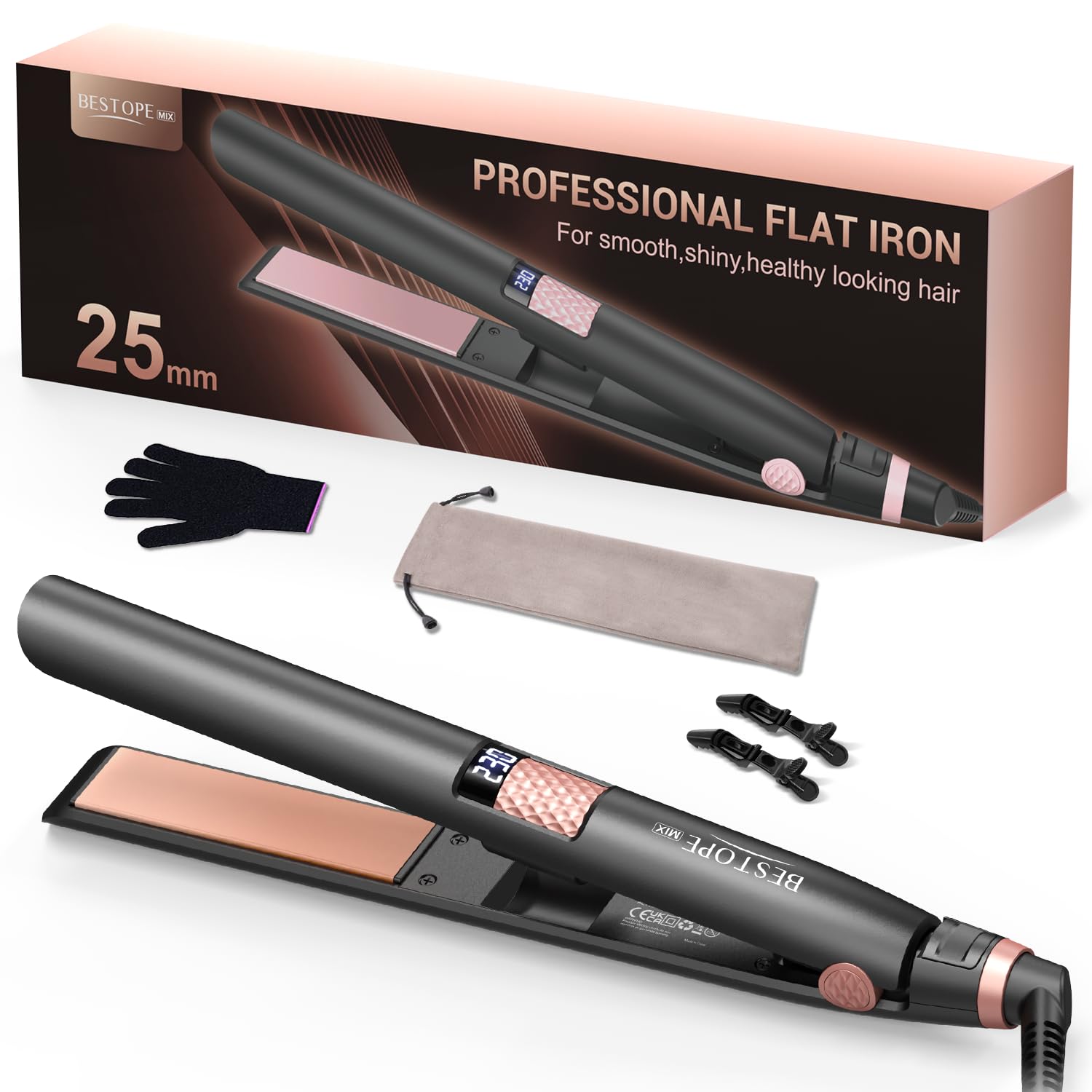 BESTOPE MIX Planchas del Pelo, 2 en 1 Plancha Pelo [25mm] Placas Flotantes revestimiento cerámico Pantalla LCD, Plancha de Pelo Calentamiento rápido para cabellos gruesos, encrespados, 80-230℃