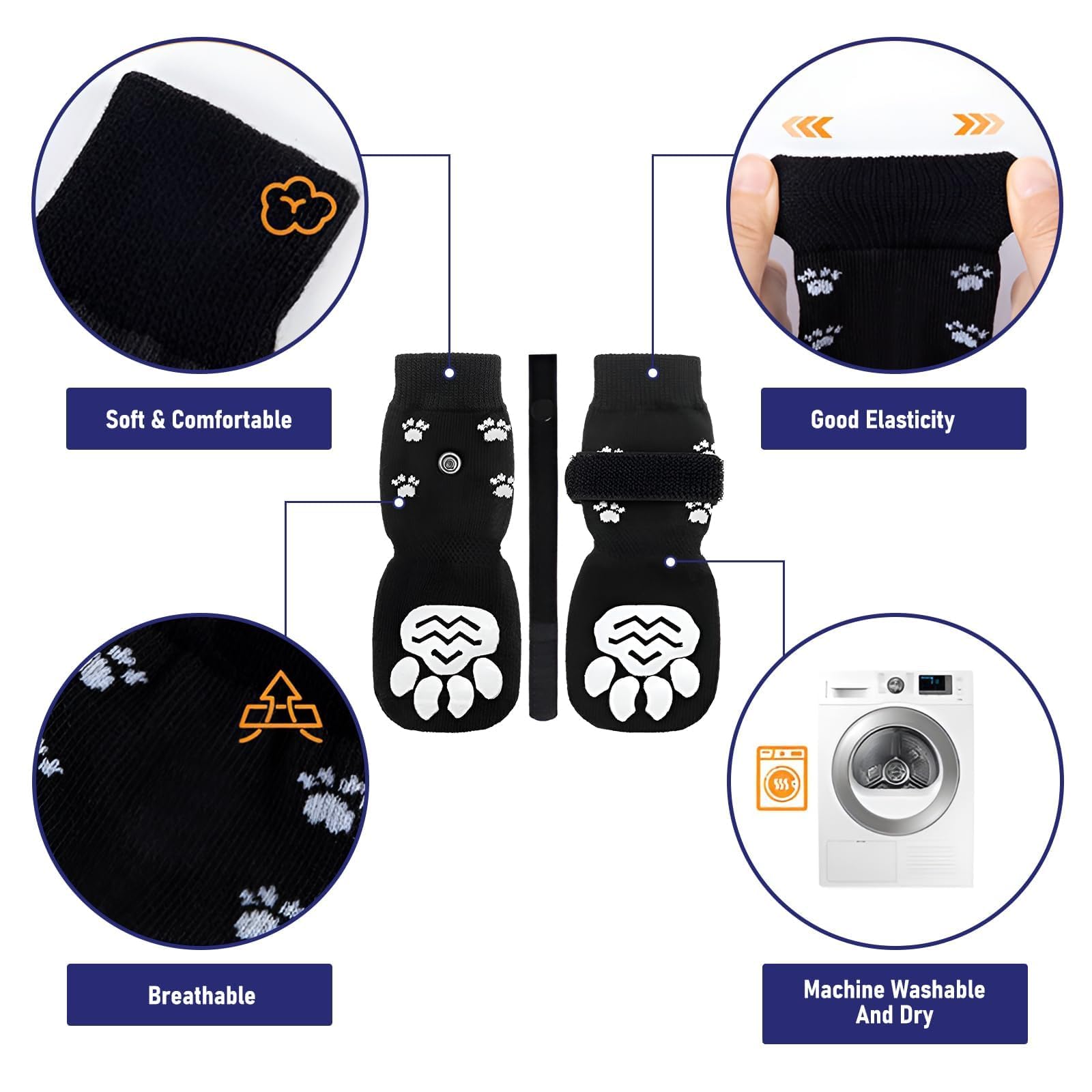 HTRTRR Calzini Antiscivolo per Cani, Set di 4 con Cinturino Regolabile, Parzampe per Cani con Cotone, Taglia S, Nero