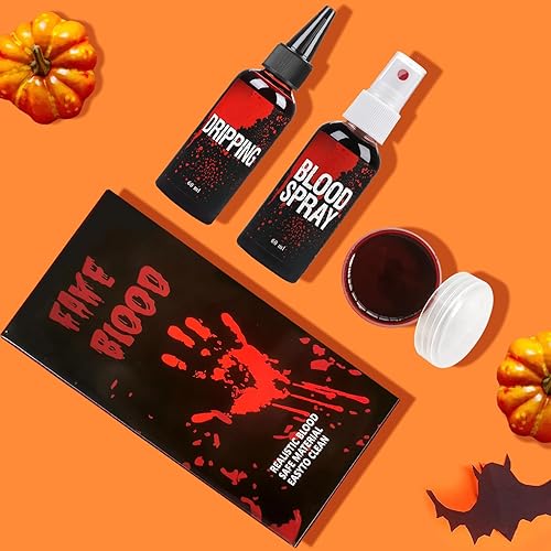 Miniatura 6 de Juego de sangre falsa, 2.1 onzas de aerosol de sangre falsa y 2.1 onzas de sangre que gotea y sangre de gel coagulada de 1.41 onzas, maquillaje de