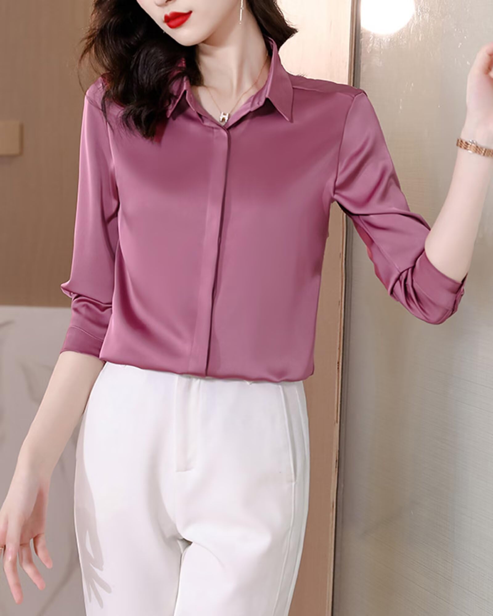 Elegante Blusa de Seda Mujer Camisas Manga Larga de Oficina,100% Seda