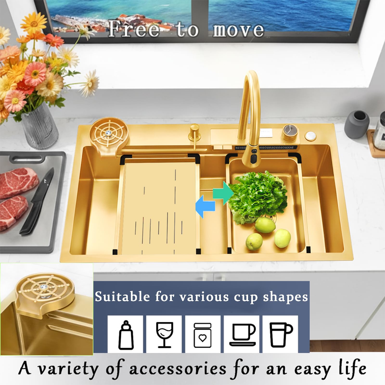 Fregadero de Cocina Sobre encimera y grifo extraíble, fregadero multifunción de acero inoxidable fregadero1 seno, diseño cascada ORO 34IN | 86CM