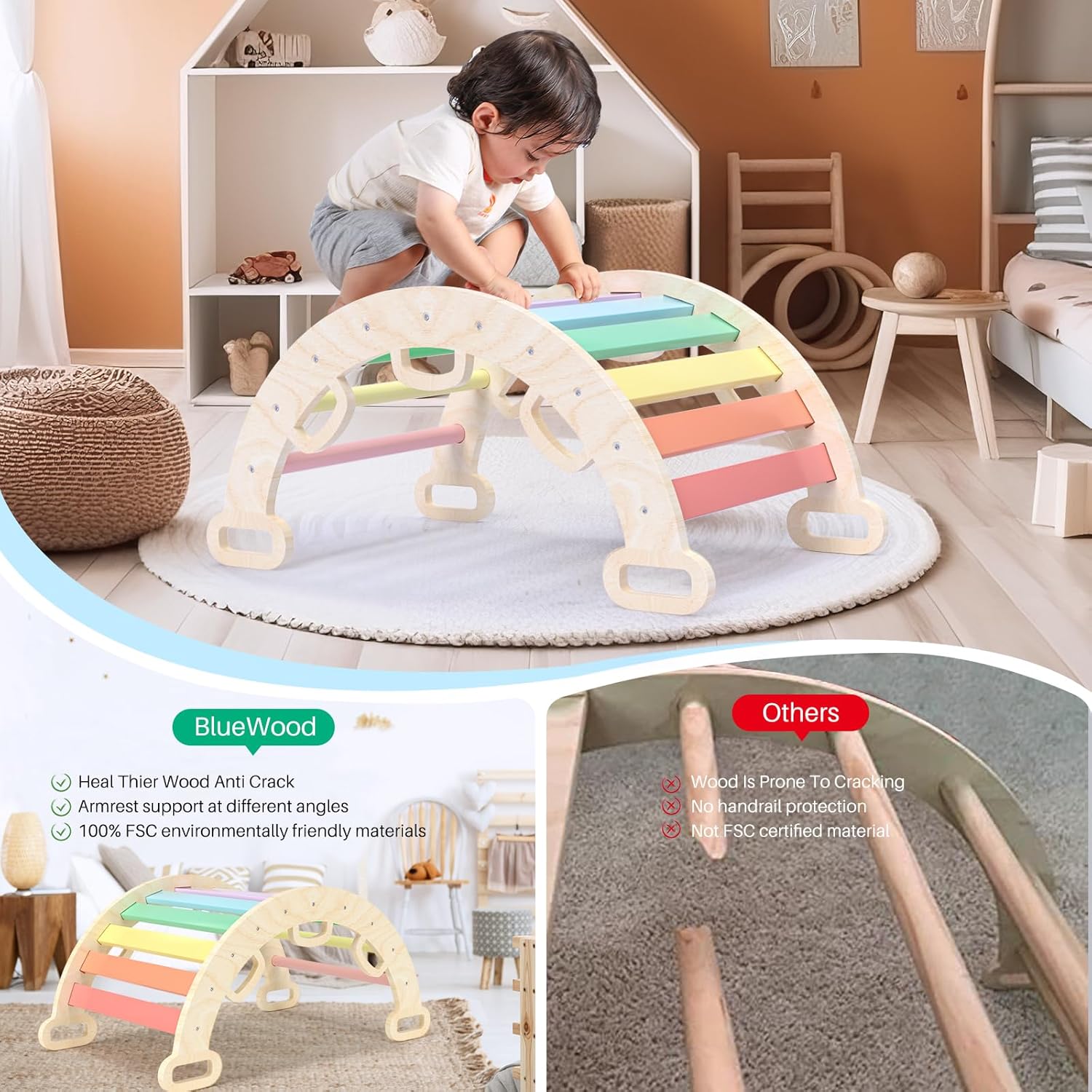 BlueWood Wooden Ladder Arch for Climbing Toddlers Waldorf Children Indoor Gym Learning Playset Playground Kids - Rainbow