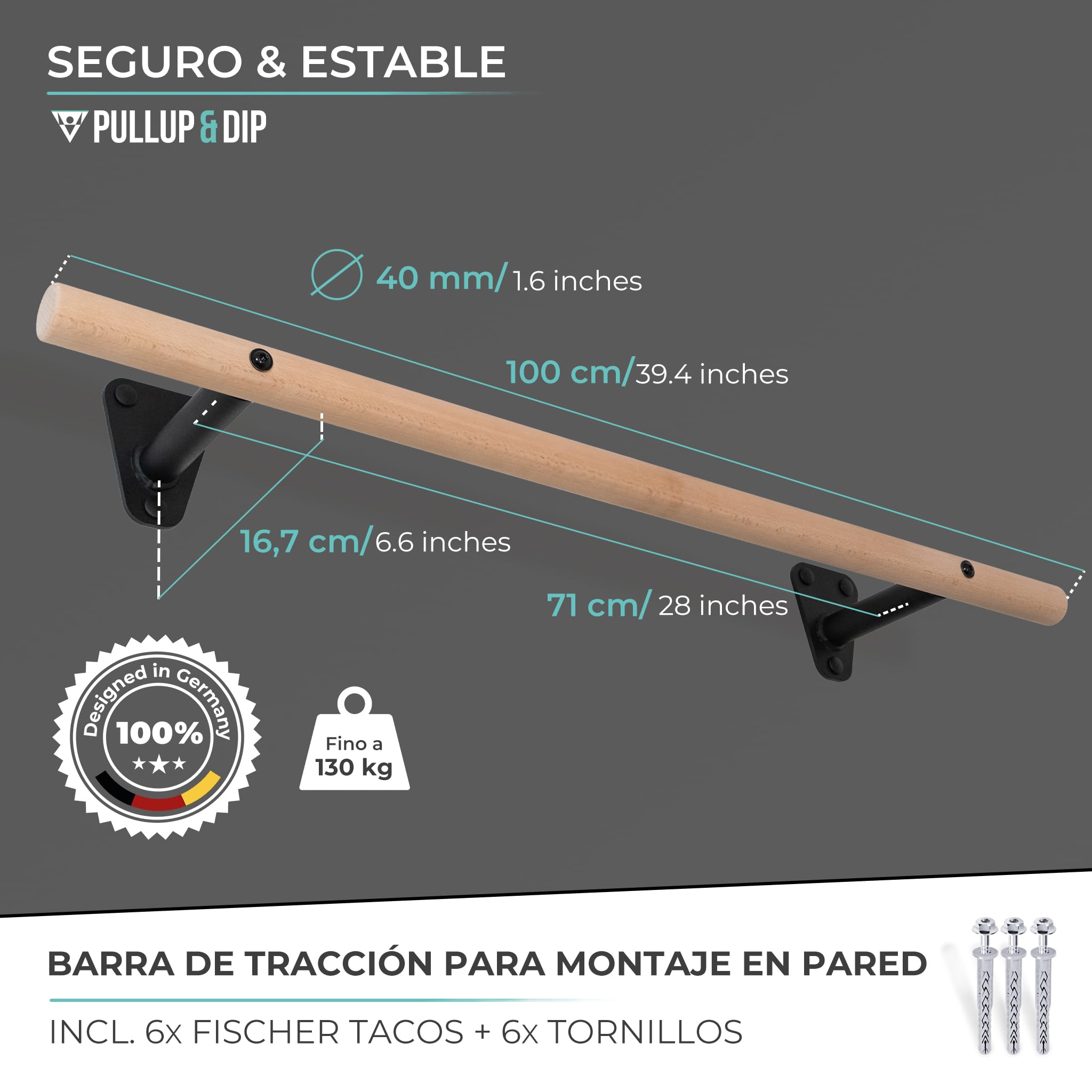PULLUP & DIP barra de dominadas de madera de haya – para montar en pared sobre el marco de la puerta – barra de 40 mm para dominadas y fuerza de agarre – barra de pared para gimnasio en casa