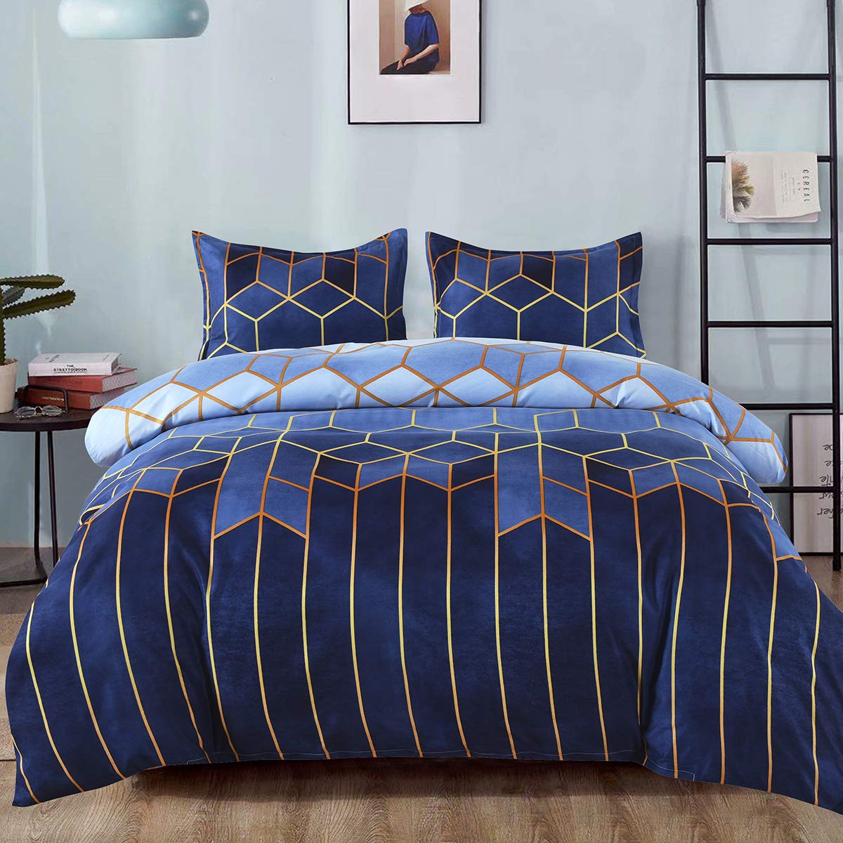 MefiniaGeometric Diamond Bedding Duvet Cover Set with Zipper Closure, 230cm X 220cm,Stripes Comforter Quilt Cover Set,Reversible Bedding Textile 3 Pieces Set (1 Duvet Cover + 2 Pillow Shams)