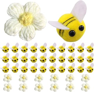 GWAWG Pack of 42 Bee Decoration, 30 Pieces Bees with 12 Yellow Crochet Flowers, Bee Mini Felts, Felt Bees, Adorable Felt Bees, Bee Costume Accessories, for Crafts DIY Decoration, Clothing