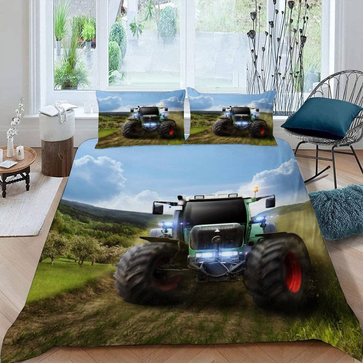 RFFLUX 3D Tractor Double Bedding Duvet Cover Set 3 Pieces 200x200 Ultra Soft Microfiber Farm Combine Harvester Comforter Cover with Zipper Easy Care Quilt Cover with 2 Pillowcase for Room Decor