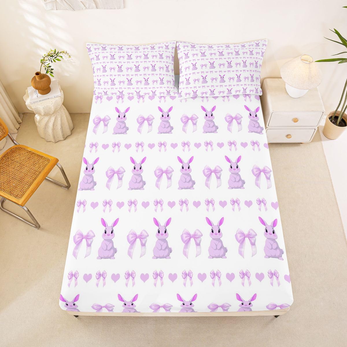Manfei Juego de sábanas bajeras de 3 piezas con diseño de rabino kawaii, tamaño King, zanahorias de acuarela, con 2 fundas de almohada, decoración de habitación infantil y niña, suave (no se vende