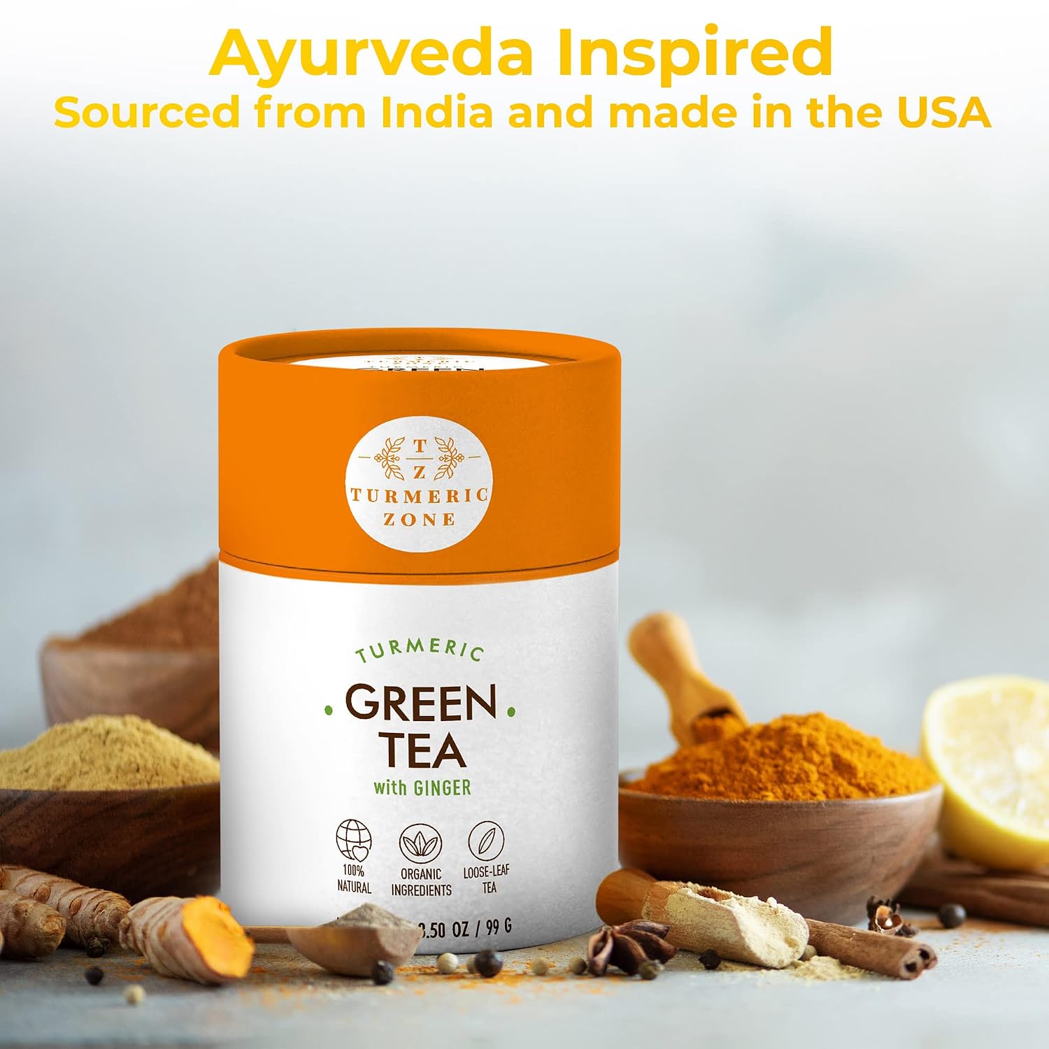 Turmeric Zone Organic Turmeric Green Tea with Ginger - Made with Chunmee Green Tea, Turmeric Root, Ginger Root and Black Pepper - 3.50 oz