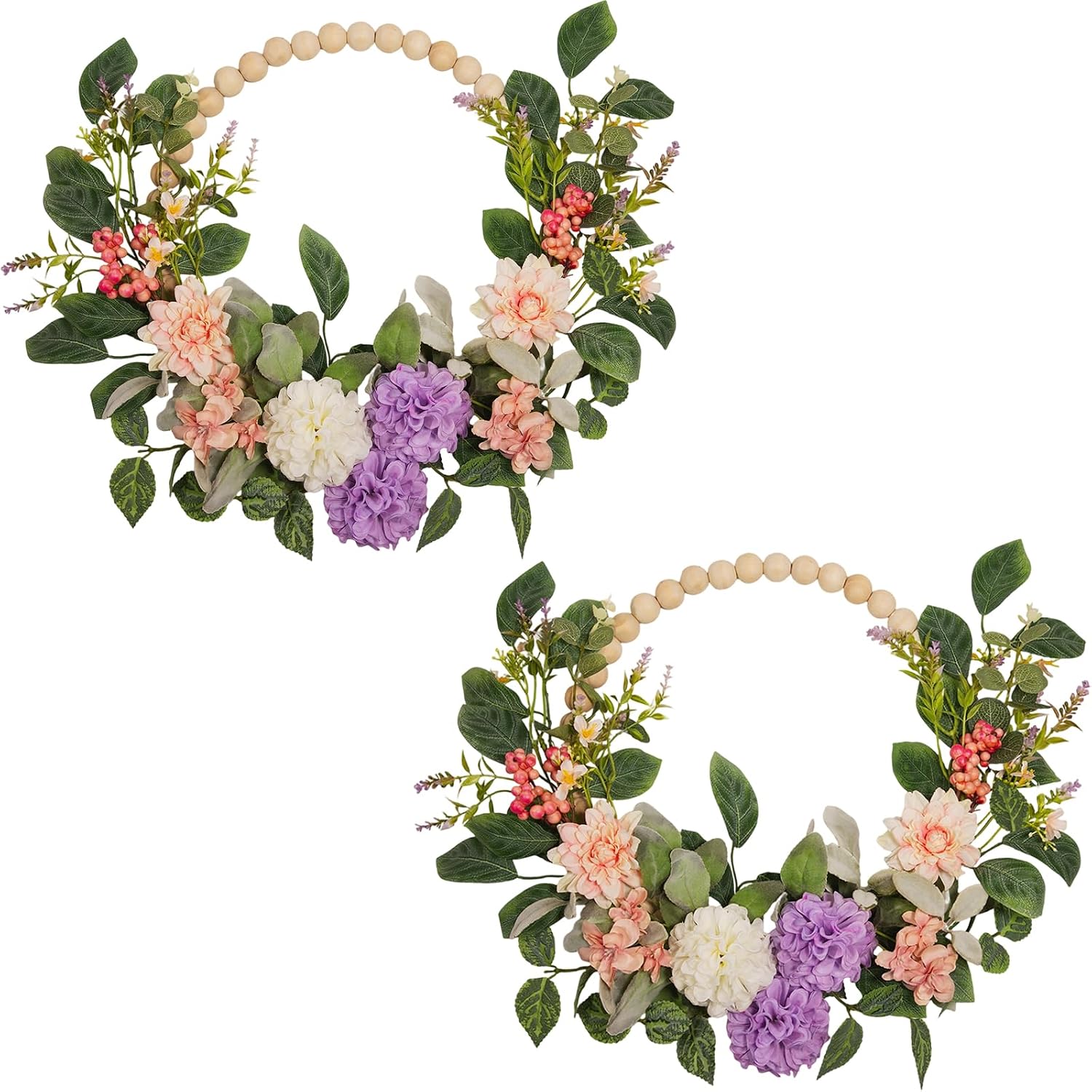 2 Pack 18 Inch Wood Bead Hydrangea Wreath - Artificial Peony, Berry & Dahlia Floral Wreath with Natural Wooden Bead Frame, Farmhouse Spring Summer Decor for Front Door, Wall & Mantel (Set of 2)