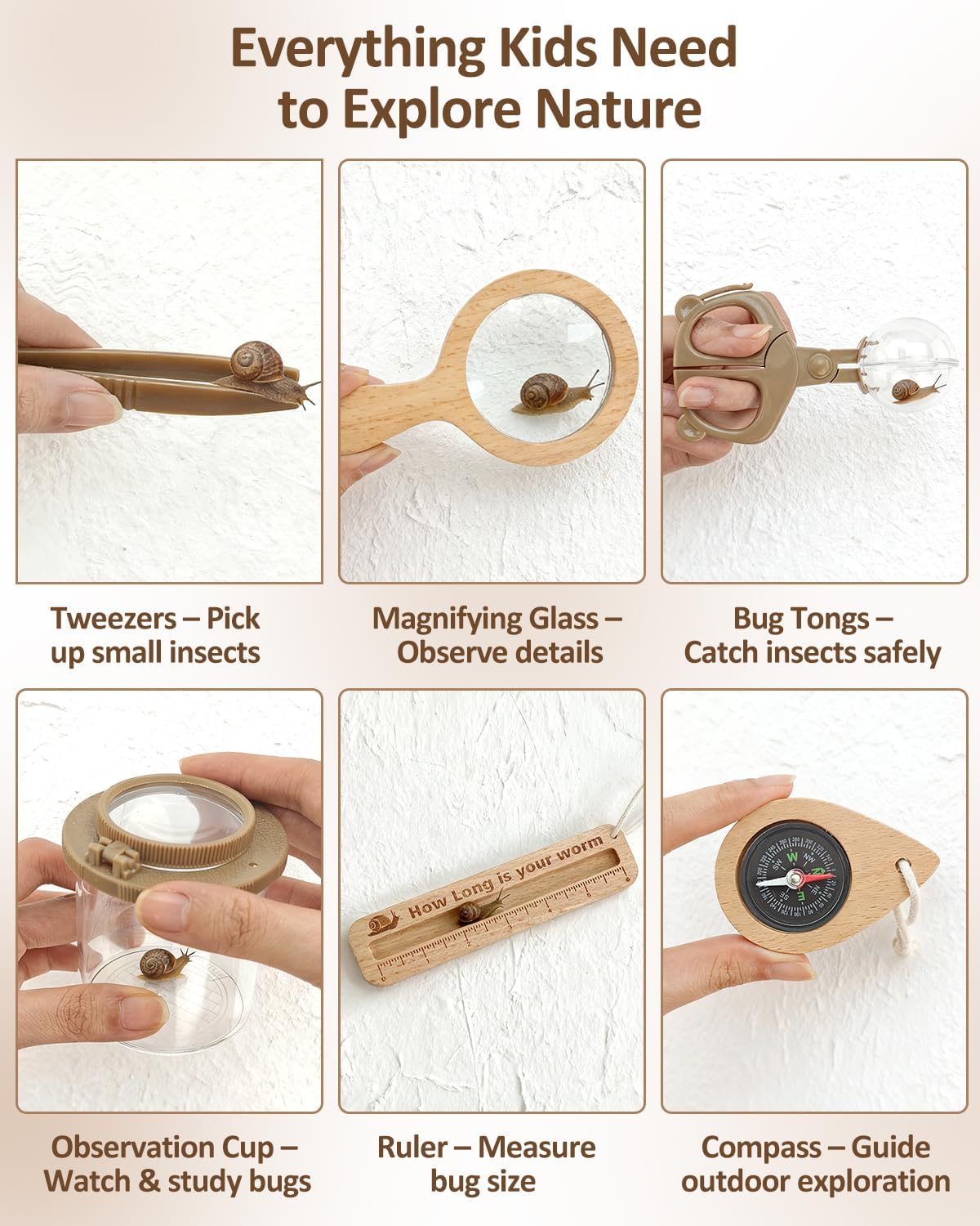 Wooden Bug Catcher Kit for Kids, Outdoor Explorer Nature Discovery Set with Butterfly Net, Bug Habitat & Magnifying Glass, Backyard Camping Outdoor Toys, Ages 3–12, Also Suitable for Toddlers