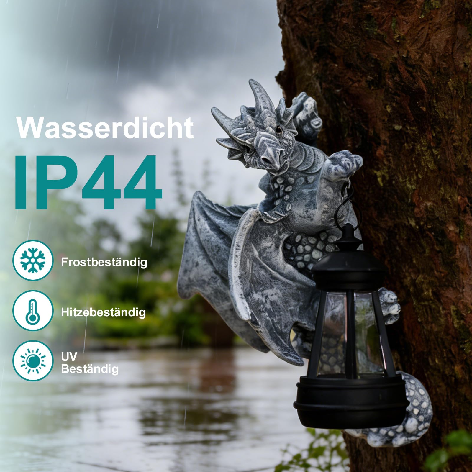 Yeomoo Drachen Figuren mit Solarlampen Baumstamm Gartendeko für Draußen: Lustige Drachen Gartenfiguren Deko mit LED Solar Lichterkette Aussen Geschenke für Männer/Frauen Garten Zaun Baum Zubehör Grau
