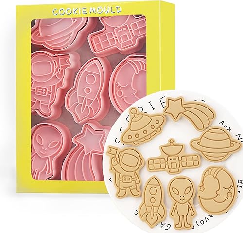 Outer-Space - Juego de 8 cortadores de galletas de astronauta 3D, extraterrestre, ovni, satélite, cohete, luna, meteorito, planeta, cortadores de