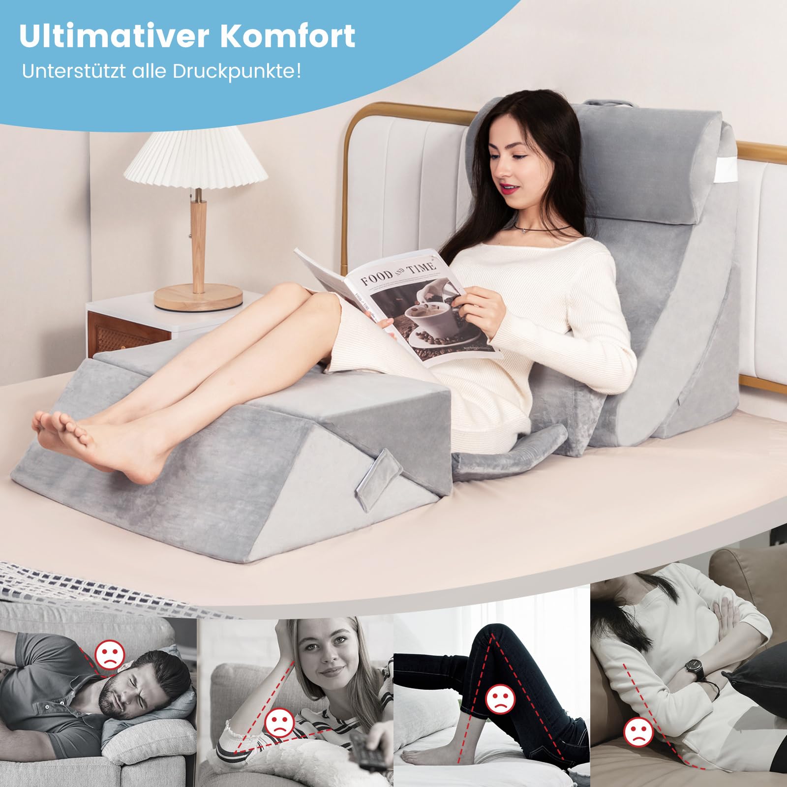 COSTWAY 7pcs Orthopädisches Keilkissen Set, verstellbares Bettkeilkissen mit Memory-Schaum Kissen, für Sodbrennen, Schmerzlinderung, Beinhochlagerung, Schnarchen, zur postoperativen Reparatur, Grau