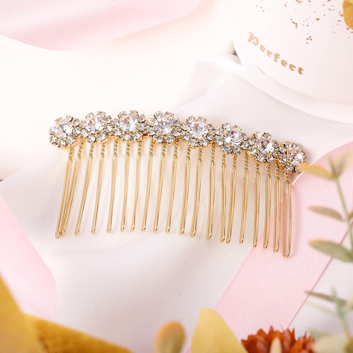 Geosar 4 Pieces Alloy Rhinestone Side Hair Combs Crystal Flower Clips Wedding Comb Bridal Jewelry Clips Combs French Hair Accessories for Women(Silver,Gold) - Image 7