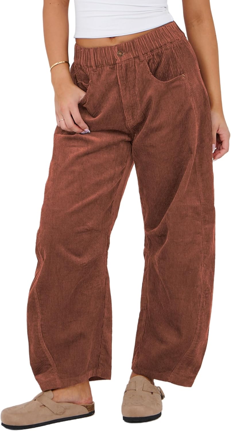 SeekMe Women's Corduroy Pants Barrel Mid-Rise Elastic Waist Cord Pants Casual Wide Leg Baggy Trouser with Pockets