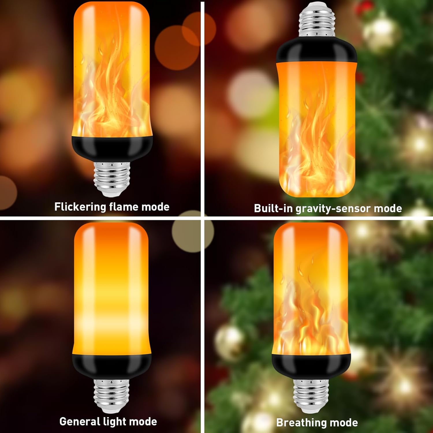 LED Flame Light Bulbs 4 Modes flickering light bulbs with Gravity Sensor, E26 Base Fire Light Bulb for Halloween, Christmas Decorations, Party, Outdoor, Indoor, Home Decor (2 Pack)