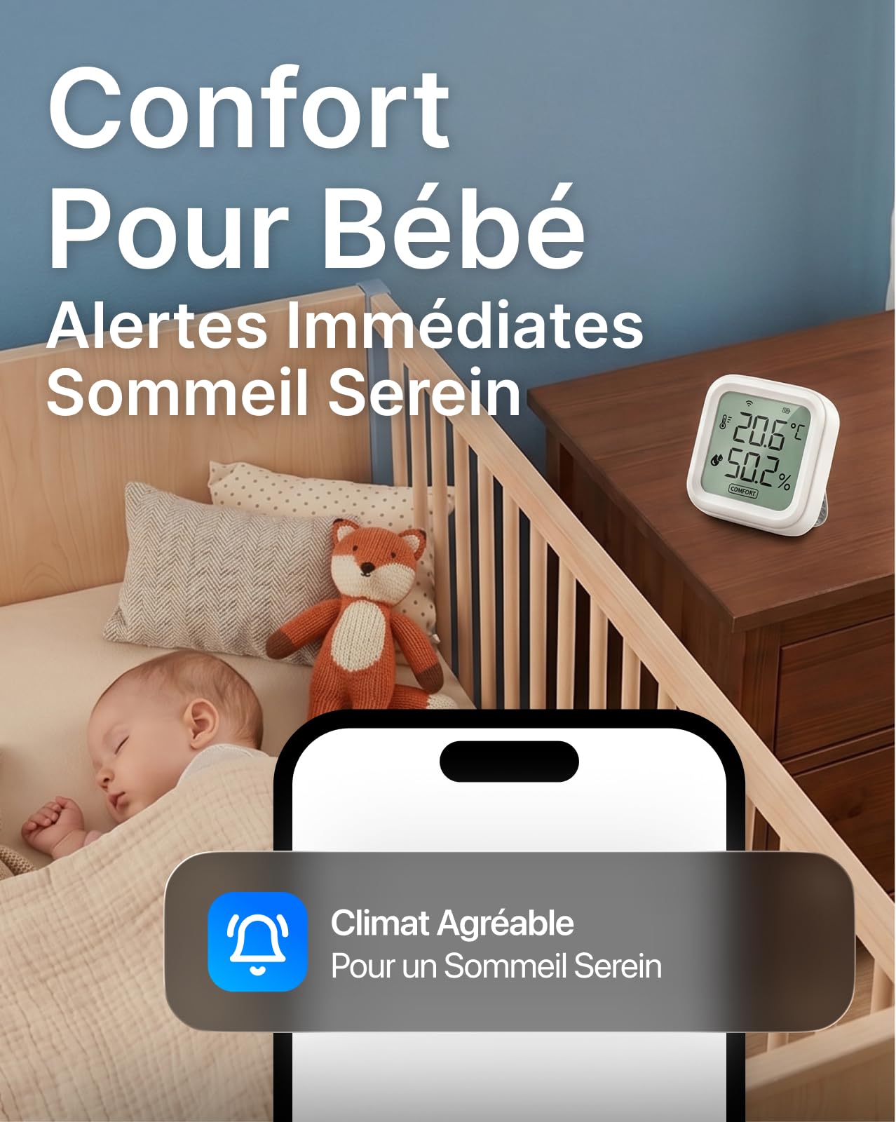 Thermo-hygromètre Wi-Fi intérieur portée 200m, appareil connecté haute précision, Alertes app et export de données inclus, Contrôlez température et humidité pour chambre bébé, sous-sol, 2-Pack