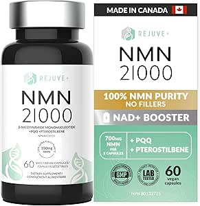 REJUVE+ NMN21000++ | PQQ &amp; Pterotilbene | 700mg / 2 Capsules | 100% Purity Premium NMN (No Fillers) | Market Superior for Quality |103% Potency NMN Supplement, NAD+ Booster, Healthy Aging, NAD+ Boost, Cellular Energy | Third-Party Tested | Made in Canada | 60 Capsules
