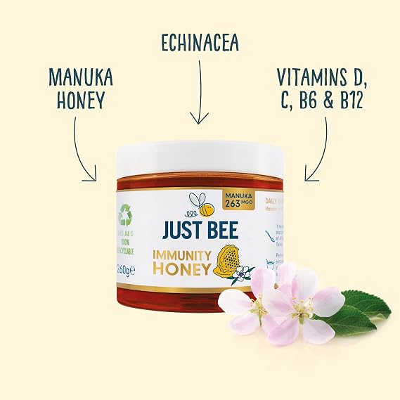 Just Bee Manuka Honey (263 MGO) (260g) | Natural Honey With Echinacea | Certified Pure New Zealand Manuka Honey | Vitamin D, C, B6 and B12 Contribute to the Normal Function of the Immune System