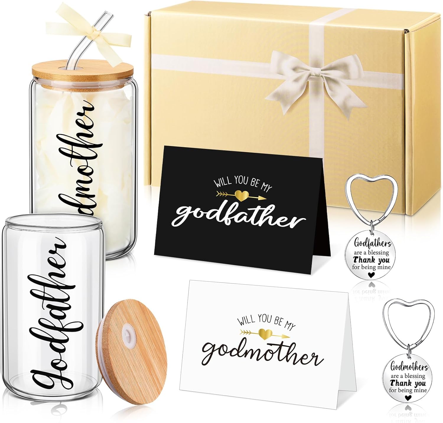Mimorou 7 Pcs Godparents Proposal Gift Set Will You Be My Godparents from Godchild Godmother Godfather Gift with Tumbler Keychains Cards Box for Birthday Baptism (Champagne Black)