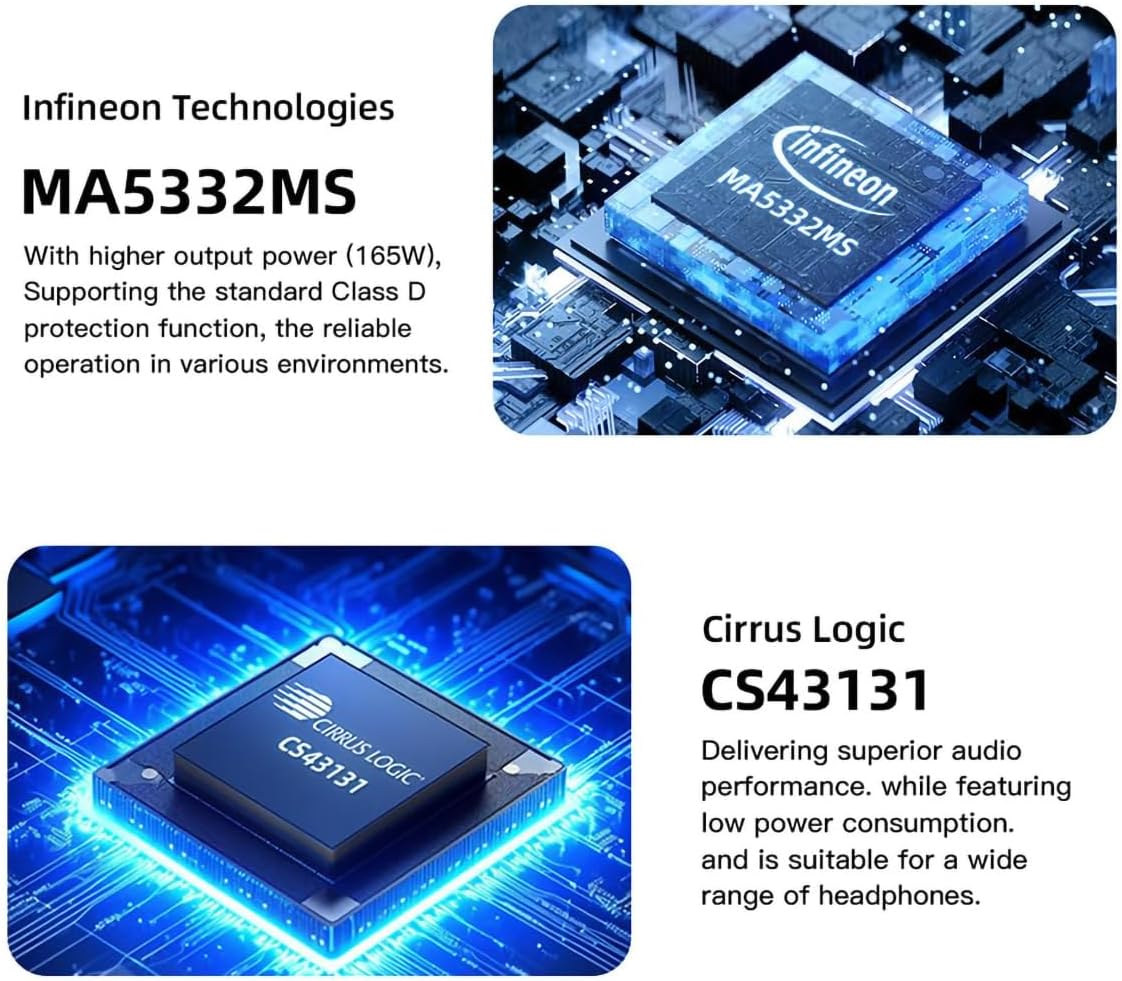 Close-up of Infineon MA5332MS and Cirrus Logic CS43131 chips