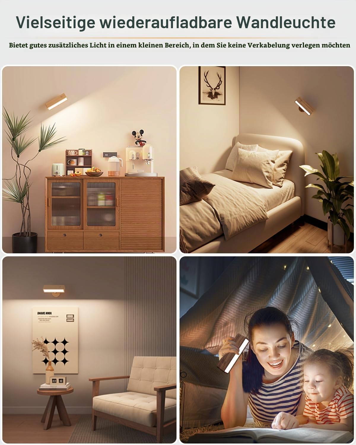 DetarZinLED Wandleuchte ohne Stromanschluss,2 Stück Wandlampe Akku Innen,LED Wandleuchte Kabellos,Dimmbar Touch Control Bettlampe,360° Drehbare Batterie Leselampe Holz für Schlafzimmer Wohnzimmer