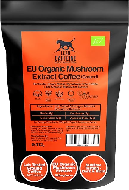 Mushroom Coffee Ground 412g | EU Organic Mushroom Extract Powder | Lions Mane, Reishi Mushroom, Cordyceps & Agaricus Blazei Shroom Blend | Bulletproof Mycotoxin Free Coffee by Lean Caffeine