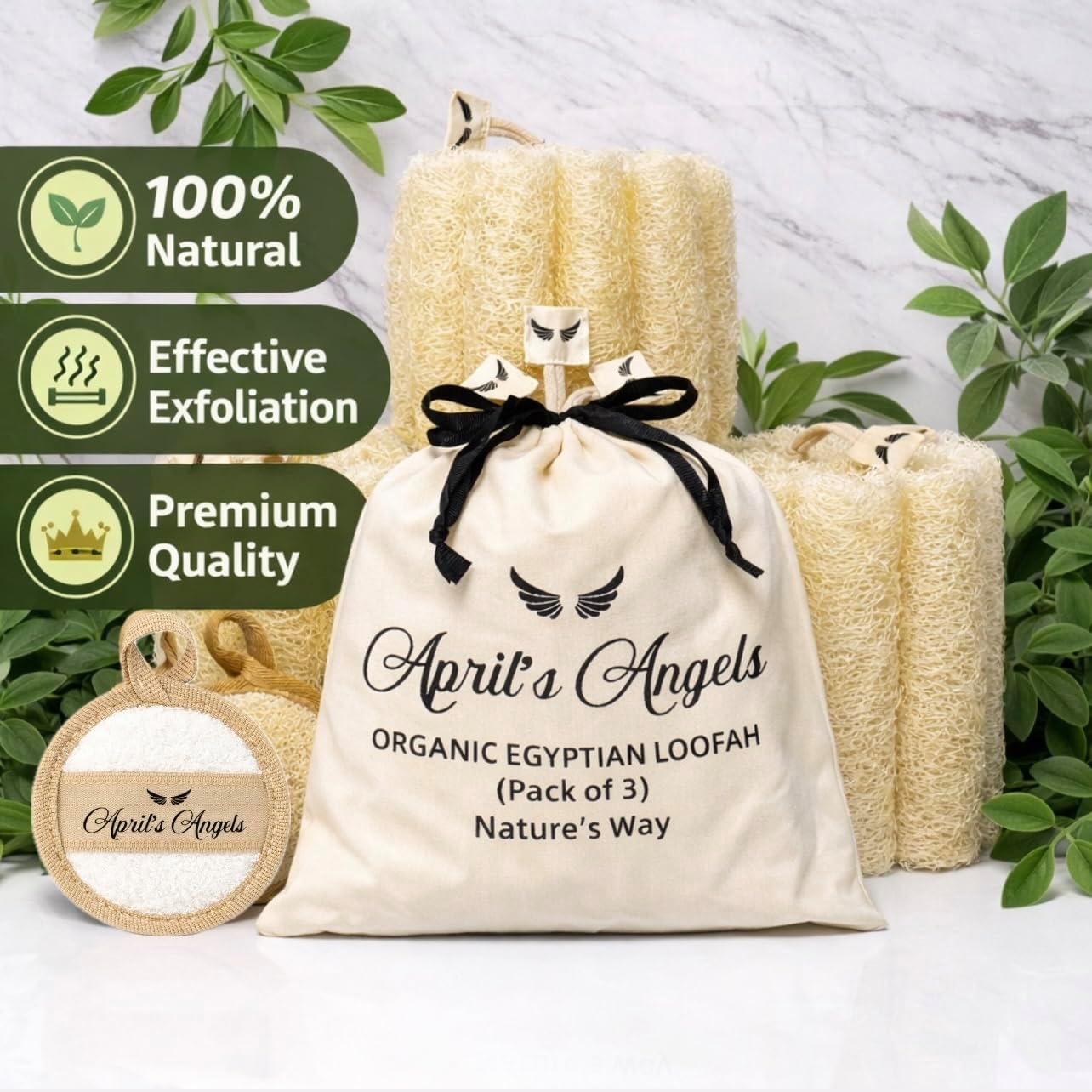 100% Natural Egyptian Loofah Set – 3 Large Exfoliating Loofah Sponges + Free Egyptian Face Scrubber + Cotton Storage Bag | Eco-Friendly Body Scrubber | Dead Skin Remover | Bath Sponge for Women & Men