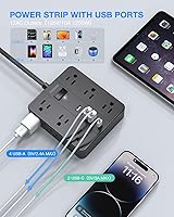 Vista 4 de Regleta de Enchufes con Enchufe Plano Protector de Sobretensiones, HUNIAN Cable de Extensión de 5 Pies con 12 Tomas Múltiples Ampliamente Espaciadas