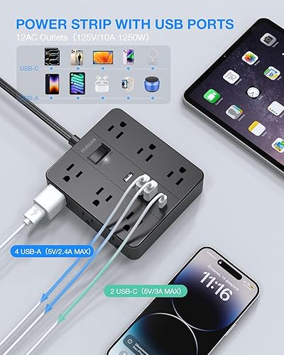 Miniatura 4 de HUNIAN - Protector de sobretensiones de enchufe plano, cable de extensión de 5 pies con 12 salidas múltiples ampliamente espaciadas, 6 cargadores