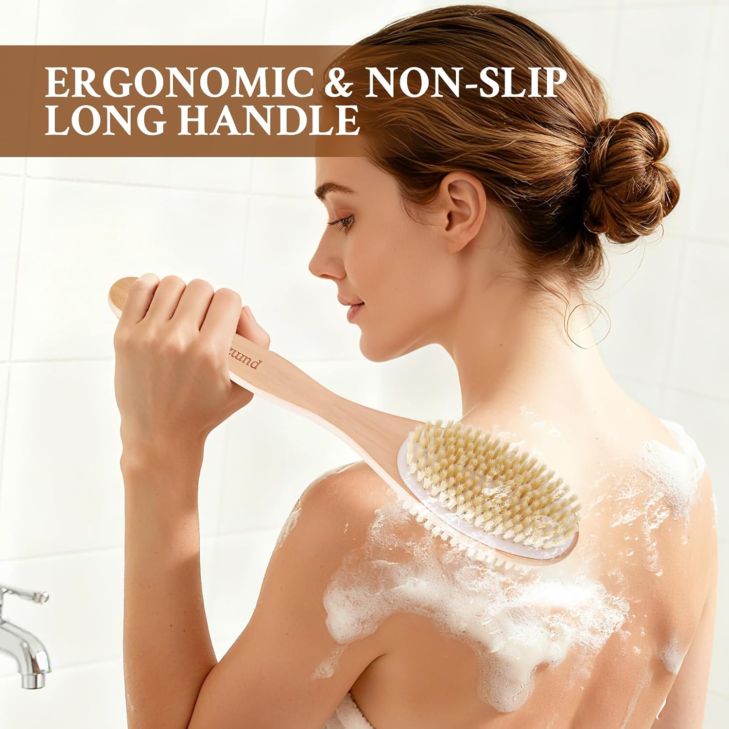 Double-Sided Body Brush, Long-Handled Bath Brush Set, Dry/Wet Dual-Use Exfoliating Wooden Cleansing Brush, Unisex Cleansing Scrub Brush, 2 Pack