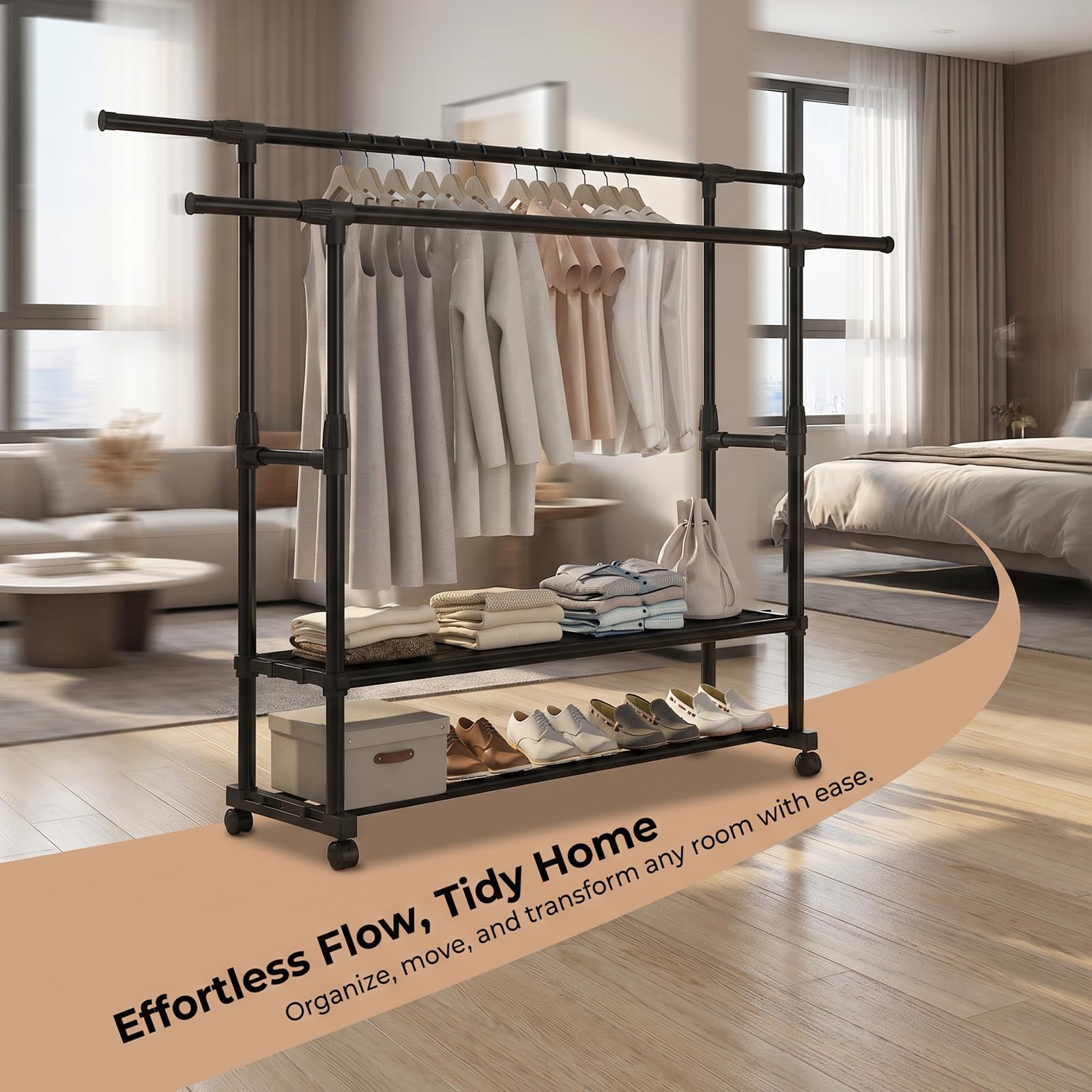 Appendiabiti da Terra con Ruote, Doppio Stand Appendiabiti Robusto in Metallo, Porta Abiti con 2 Ripiani per Scarpe Regolabile in Altezza per Camera da Letto Lavanderia Ingresso (90-150)x42x(95-155)cm