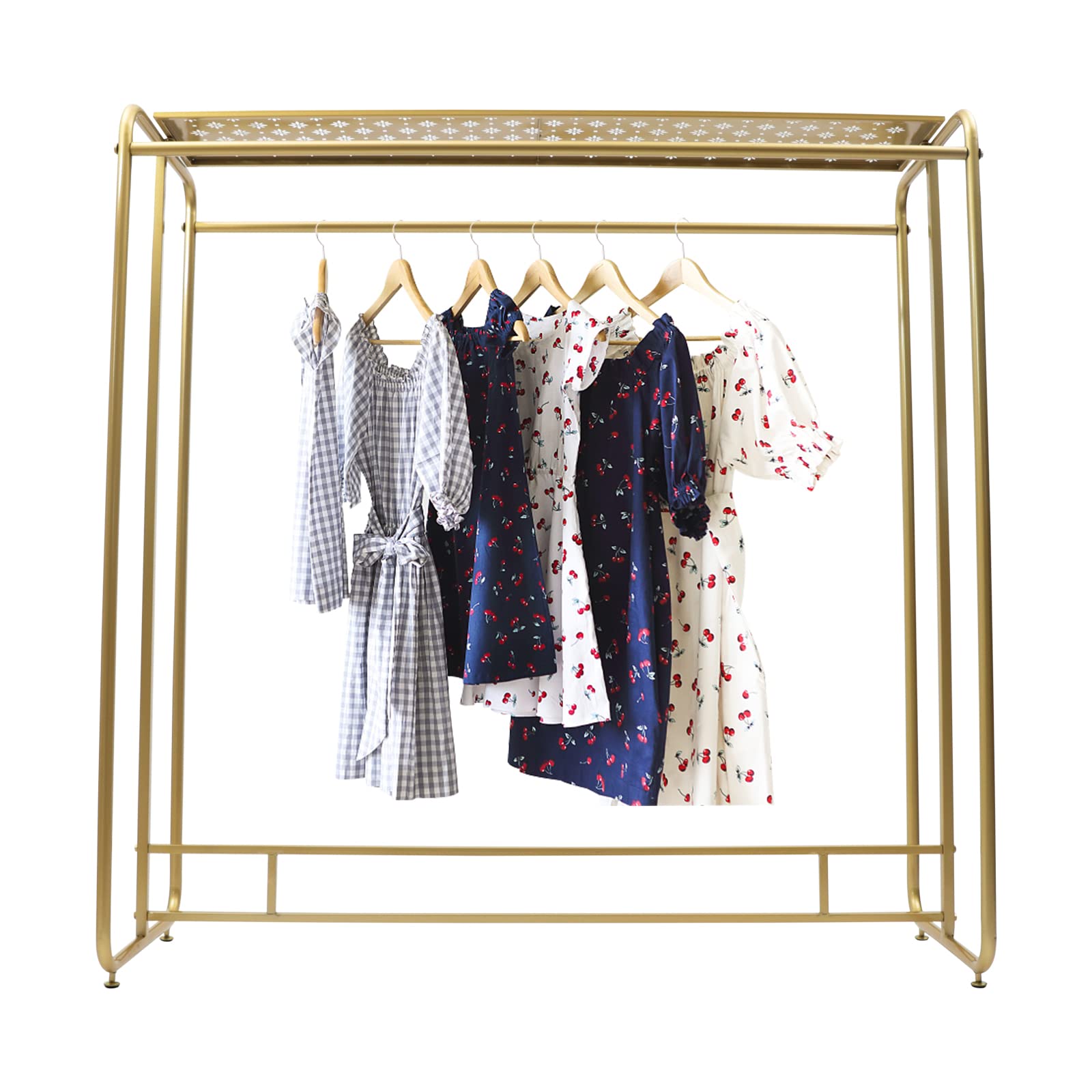 Heavy Duty Gold Clothing Rack for Boutique Use, Freestanding Closet Wardrobe Metal Clothing Rack, Boutiques Clothes Rack, Metal Garment Rack with Top Shelf, Dual-bar Clothes Rack for Retail Display