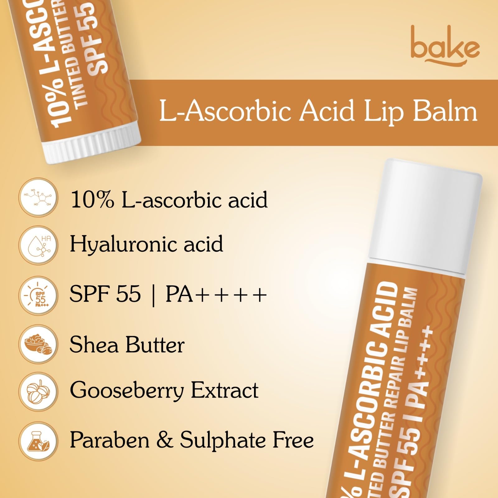 BAKE 10% L-Ascorbic Acid Tinted Butter Brightening Lip Balm Spf 55 Pa++++ With Kojic Acid 24 Hour Moisturization - Image 2
