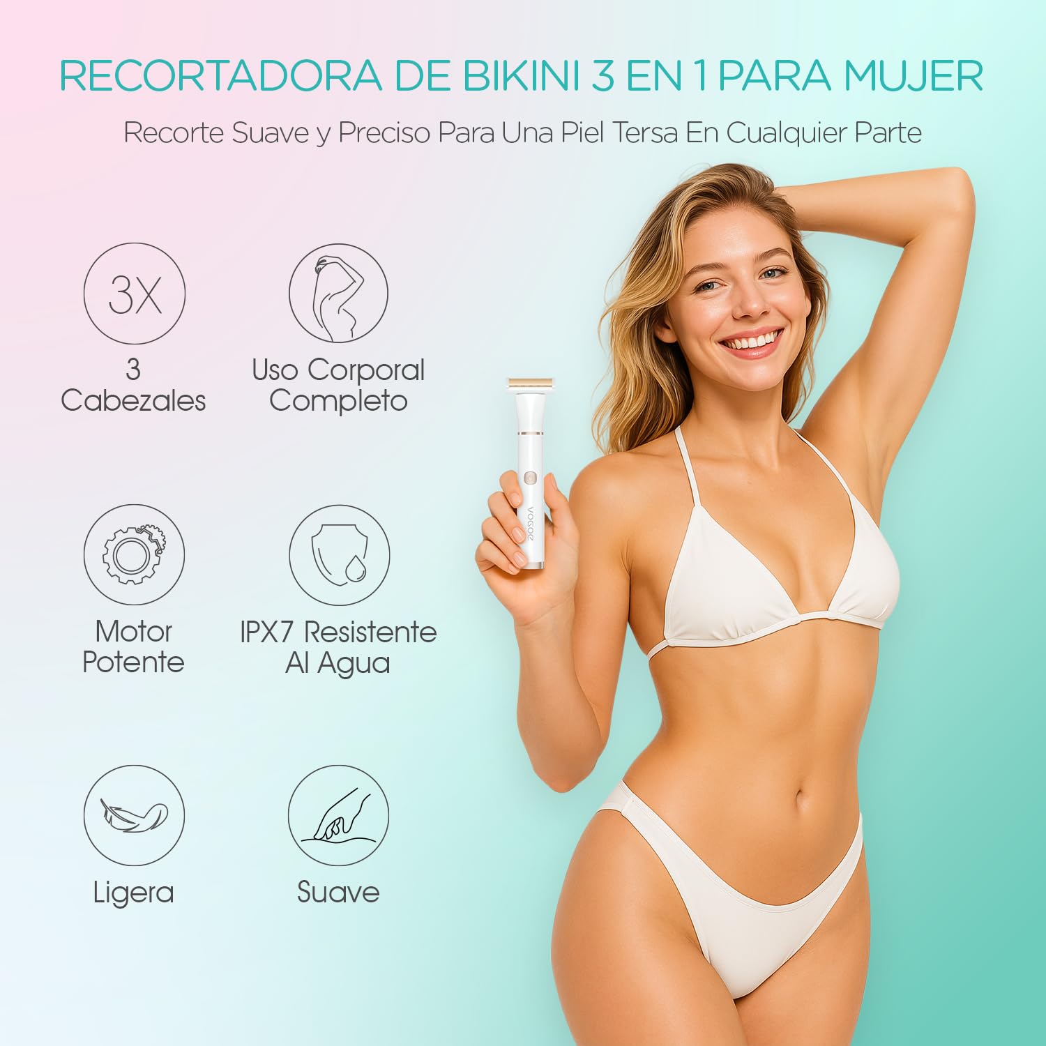 VOGOE Rasuradora Mujer Zona Intima, Afeitadora Mujer 3 en 1 para Cuerpo, Cara y Área del Bikini, Afeitadora Electrica Mujer Recargable, Compacta e Impermeable (Blanco)