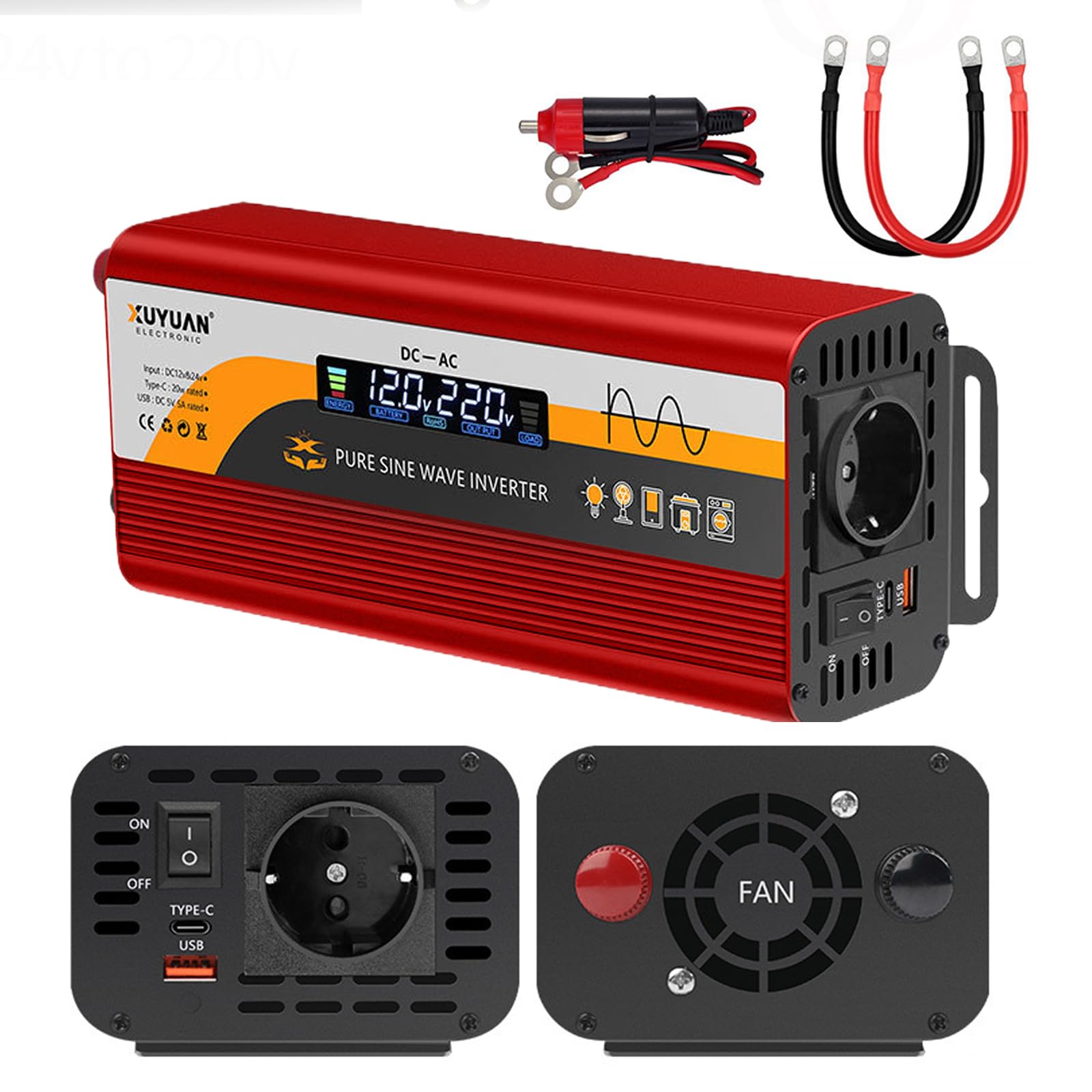 GAOUTO 800W/400W Wechselrichter 12v&24v auf 220V Reiner Sinus Wechselrichter, LCD-Bildschirmanzeige, Spannungswandler mit 1 EU-Steckdose & 1 Typ-C & USB Anschluss, 5V/3A USB-Anschluss für LKW, Rot